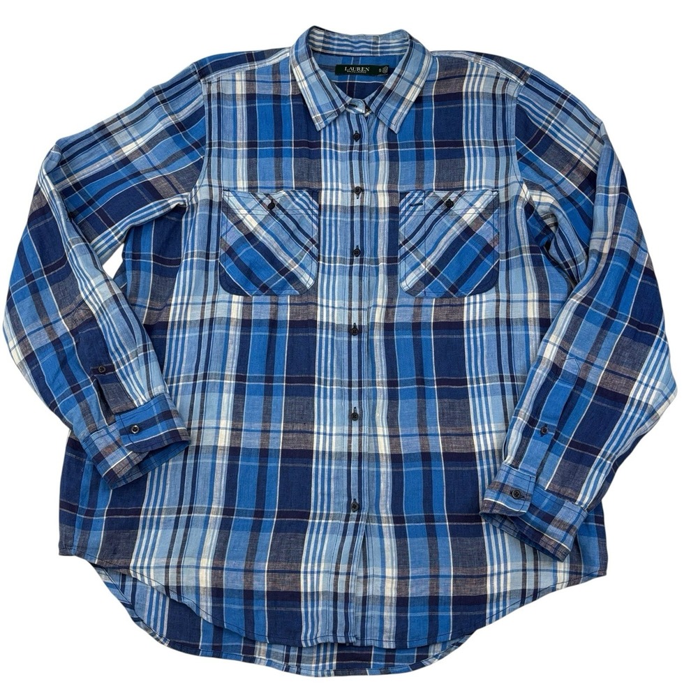 Lauren Ralph Lauren XL‎ Blue Plaid Linen Long Sleeve Button Down Roll Tab Sleeve